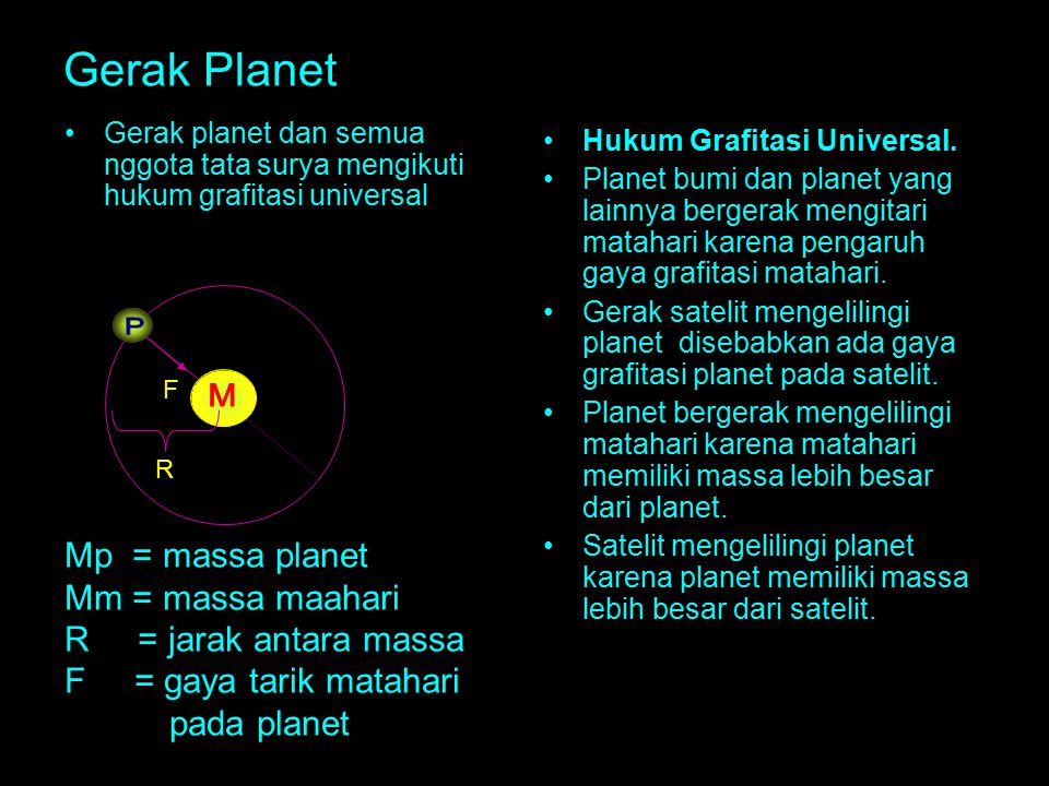 P M Gerak Planet Mp = massa planet Mm = massa maahari