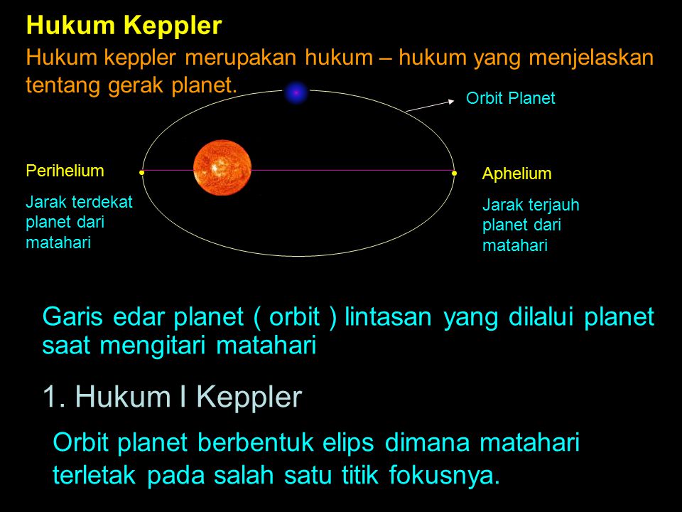 Hukum Keppler Hukum keppler merupakan hukum – hukum yang menjelaskan tentang gerak planet. Orbit Planet.
