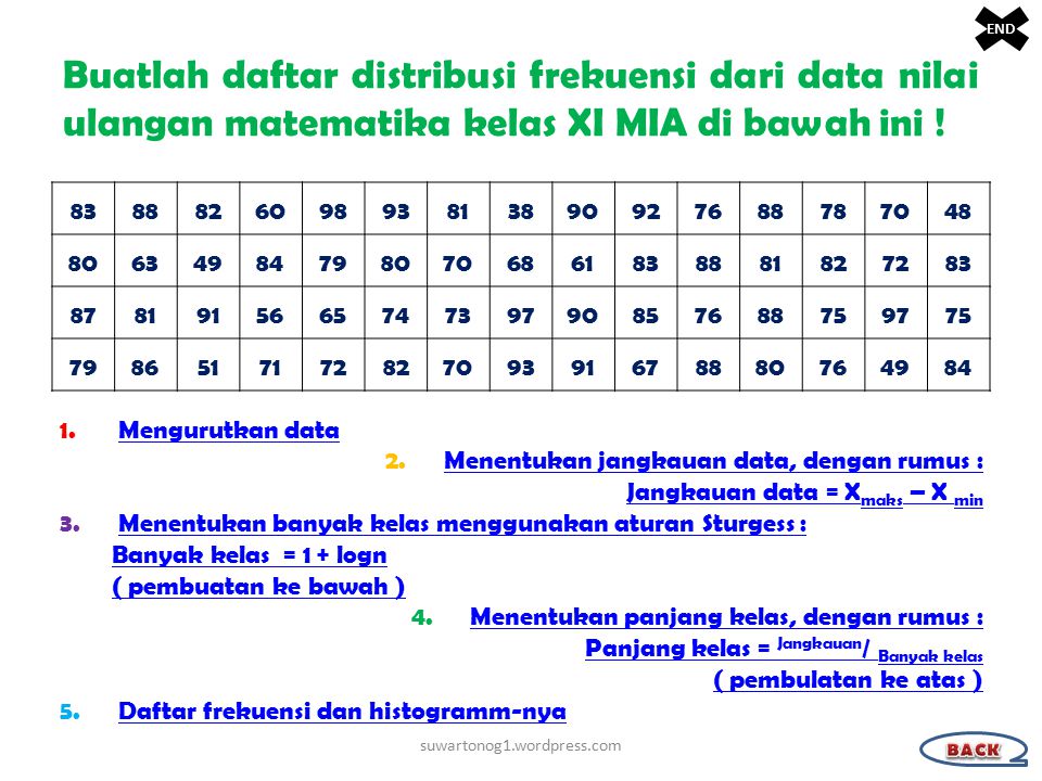END Buatlah daftar distribusi frekuensi dari data nilai ulangan matematika kelas XI MIA di bawah ini !