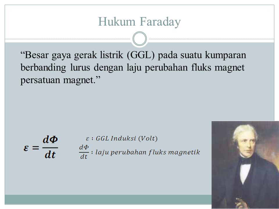 Hukum Faraday Besar gaya gerak listrik (GGL) pada suatu kumparan berbanding lurus dengan laju perubahan fluks magnet persatuan magnet.