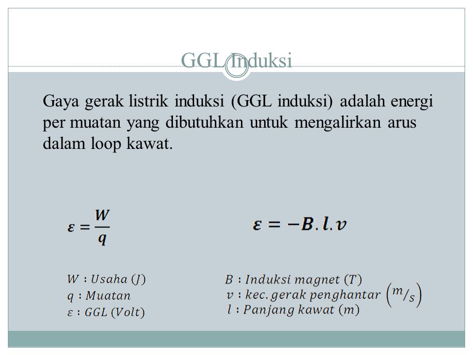 GGL Induksi Gaya gerak listrik induksi (GGL induksi) adalah energi per muatan yang dibutuhkan untuk mengalirkan arus dalam loop kawat.