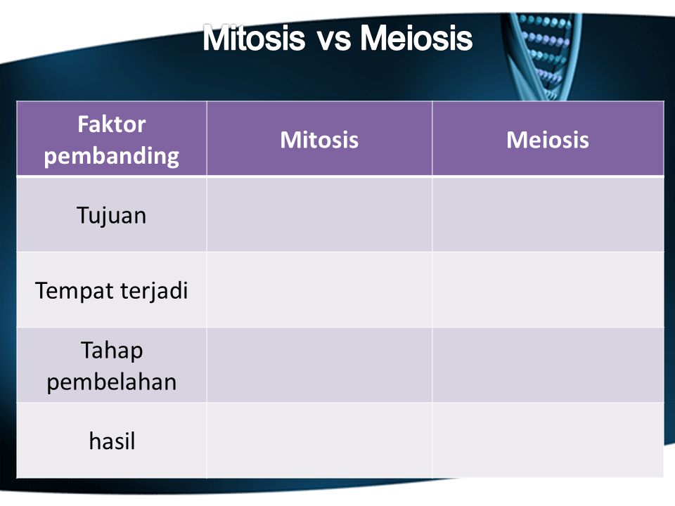 Mitosis vs Meiosis Faktor pembanding Mitosis Meiosis Tujuan
