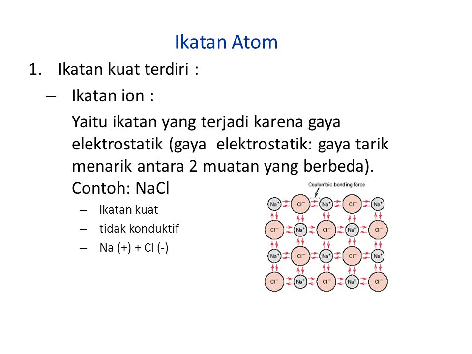 Ikatan Atom Ikatan kuat terdiri : Ikatan ion :