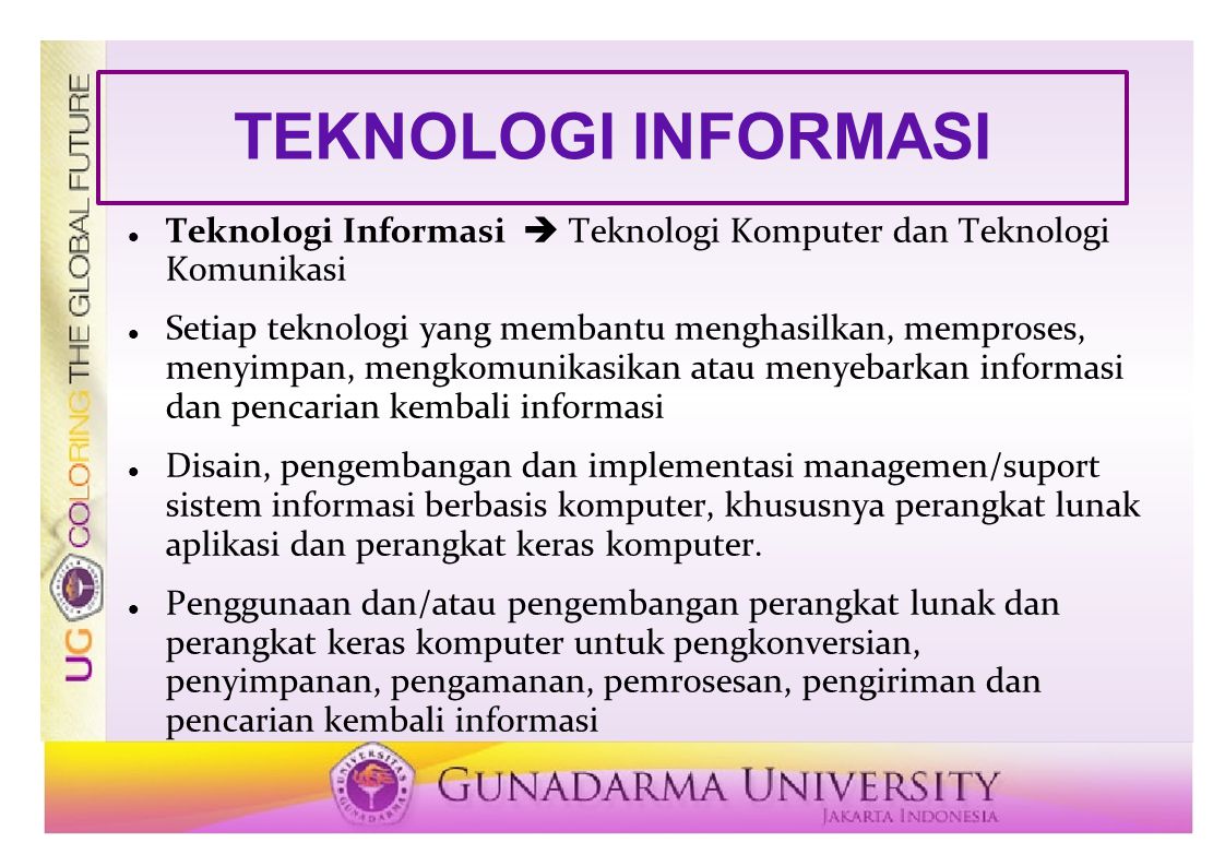 TEKNOLOGI INFORMASI Teknologi Informasi  Teknologi Komputer dan Teknologi Komunikasi.