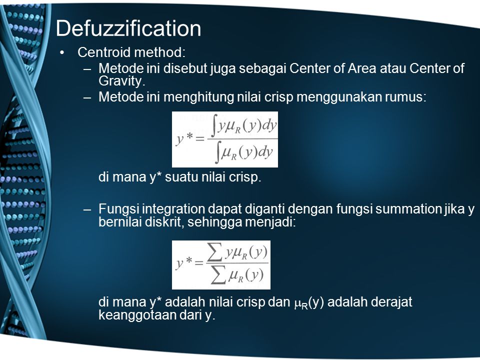 Defuzzification Centroid method: