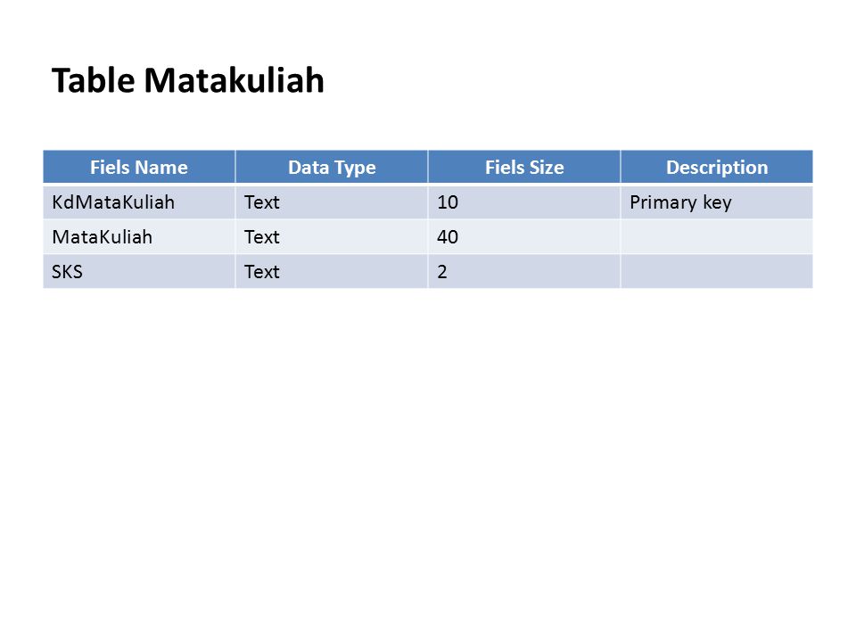 Table Matakuliah Fiels Name Data Type Fiels Size Description