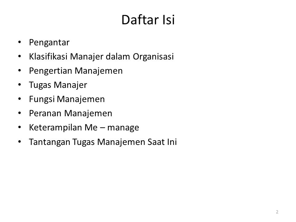 Daftar Isi Pengantar Klasifikasi Manajer dalam Organisasi