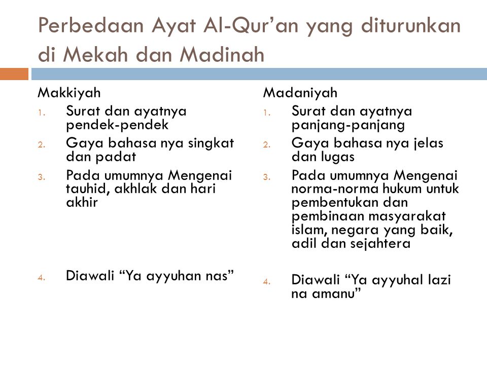 Perbedaan Ayat Al-Qur’an yang diturunkan di Mekah dan Madinah