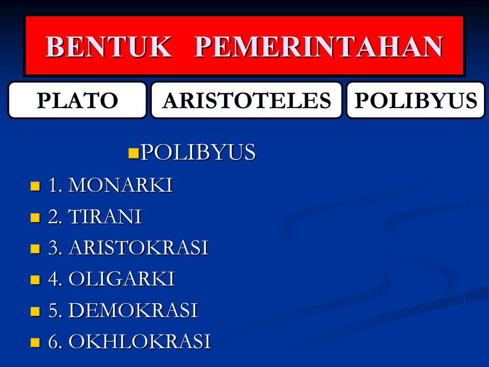 BENTUK PEMERINTAHAN PLATO ARISTOTELES POLIBYUS POLIBYUS 1. MONARKI