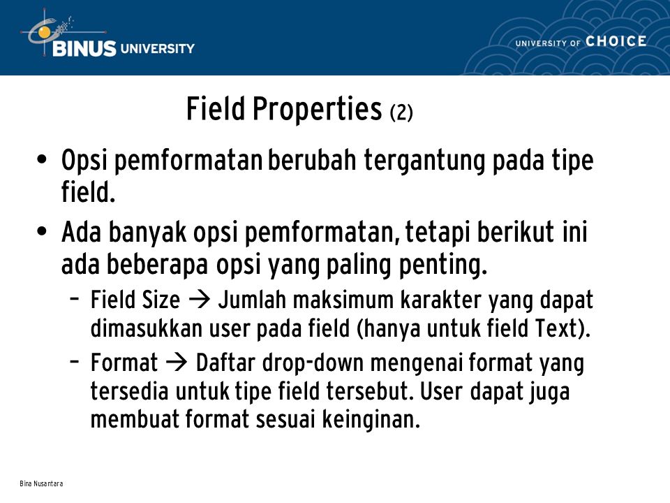 Field Properties (2) Opsi pemformatan berubah tergantung pada tipe field.