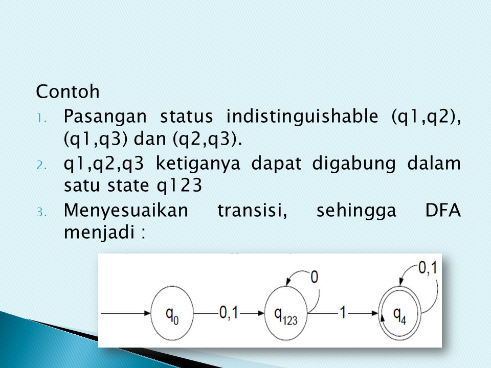 Contoh Pasangan status indistinguishable (q1,q2), (q1,q3) dan (q2,q3). q1,q2,q3 ketiganya dapat digabung dalam satu state q123.