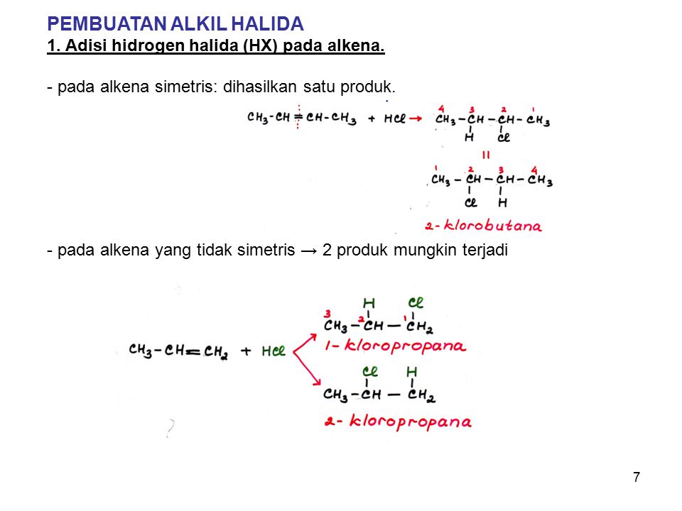 Alkil halida dapat dibuat dari suatu alkena melalui reaksi…..