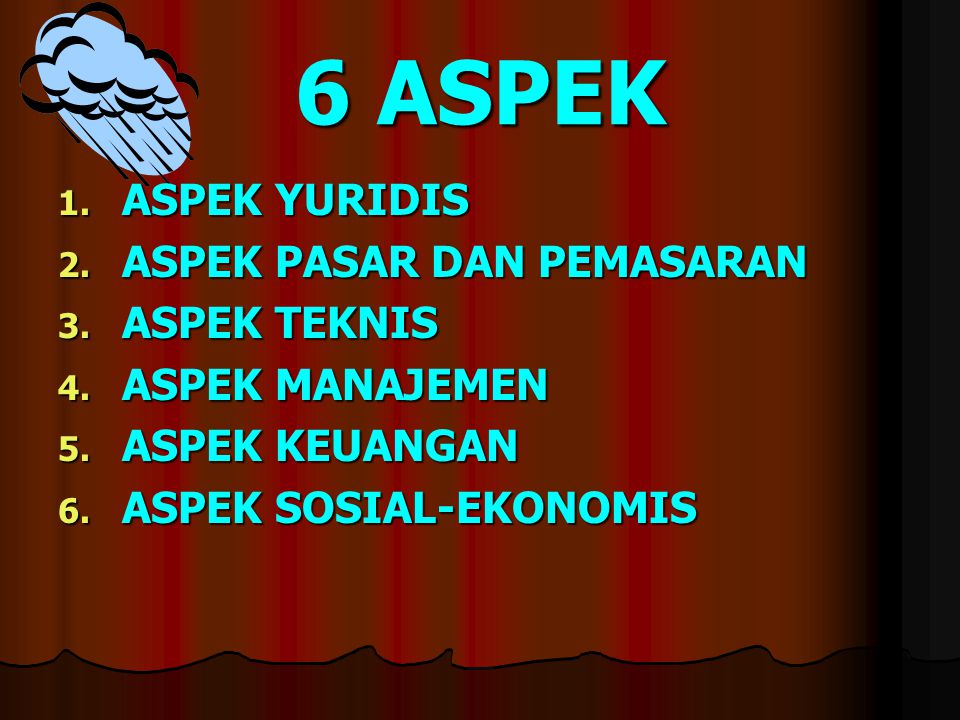 6 ASPEK ASPEK YURIDIS ASPEK PASAR DAN PEMASARAN ASPEK TEKNIS