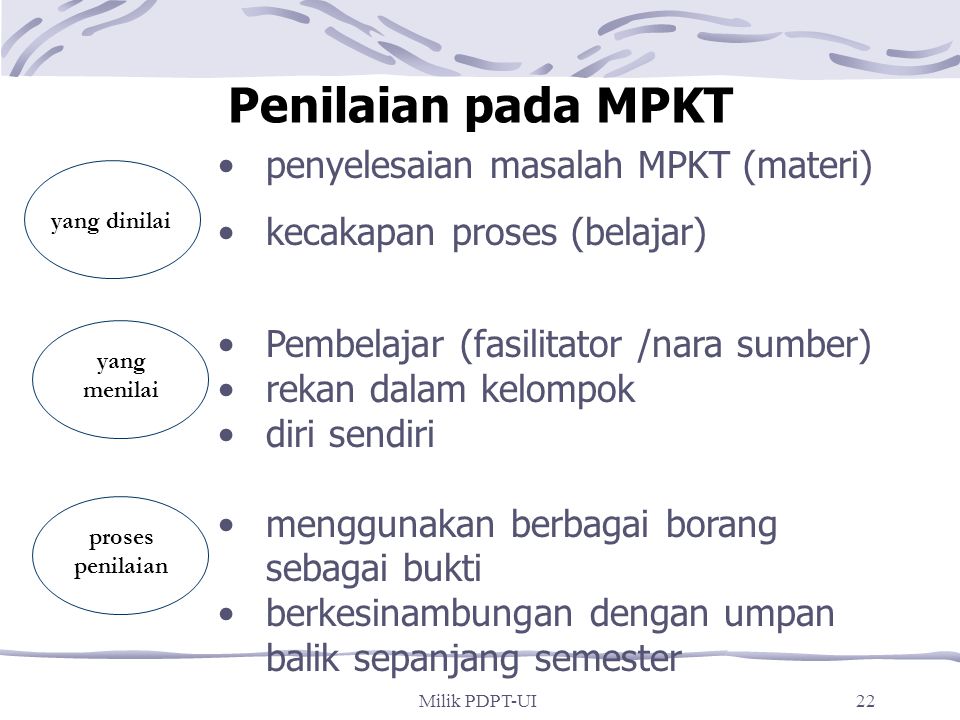Penilaian pada MPKT penyelesaian masalah MPKT (materi)