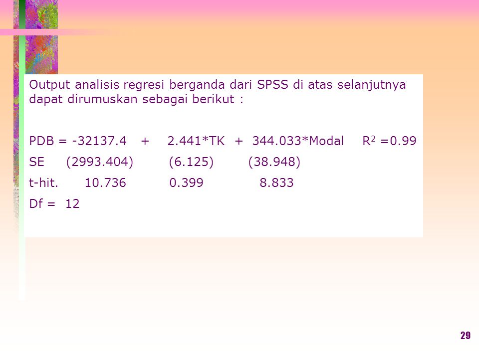 Output analisis regresi berganda dari SPSS di atas selanjutnya dapat dirumuskan sebagai berikut :