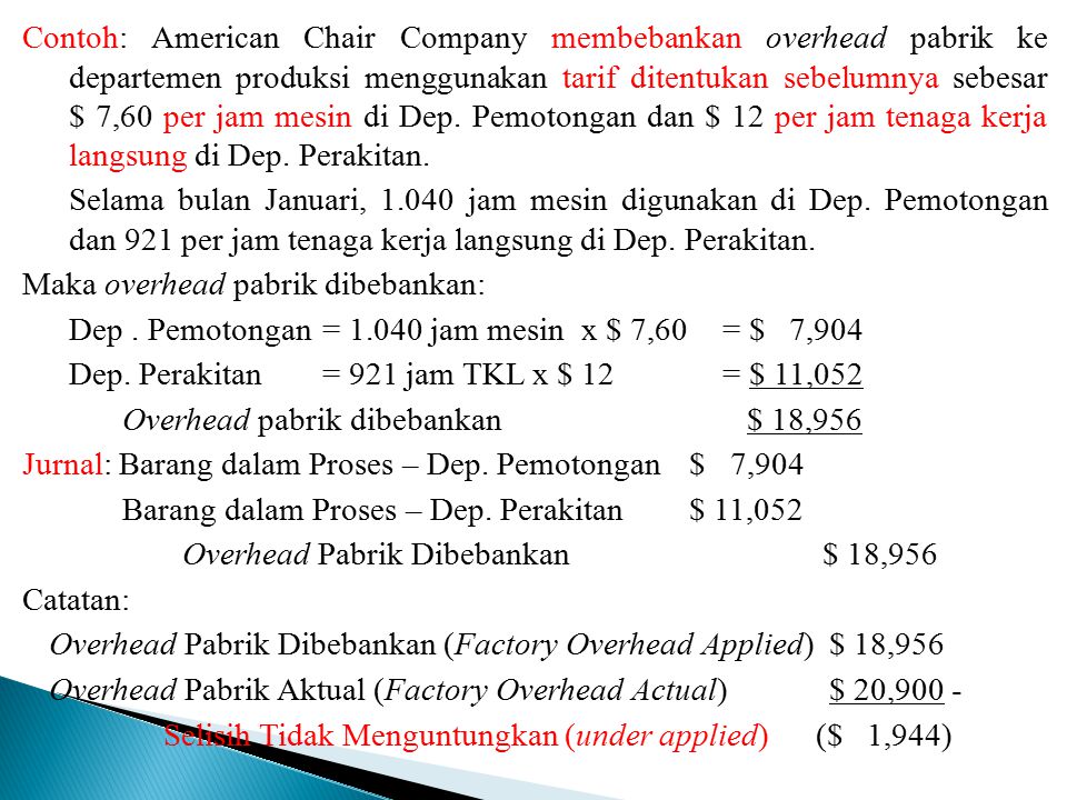 Contoh: American Chair Company membebankan overhead pabrik ke departemen produksi menggunakan tarif ditentukan sebelumnya sebesar $ 7,60 per jam mesin di Dep.
