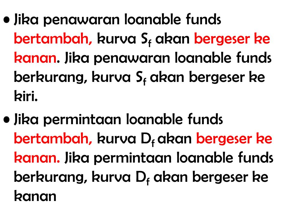 Jika penawaran loanable funds bertambah, kurva Sf akan bergeser ke kanan. Jika penawaran loanable funds berkurang, kurva Sf akan bergeser ke kiri.