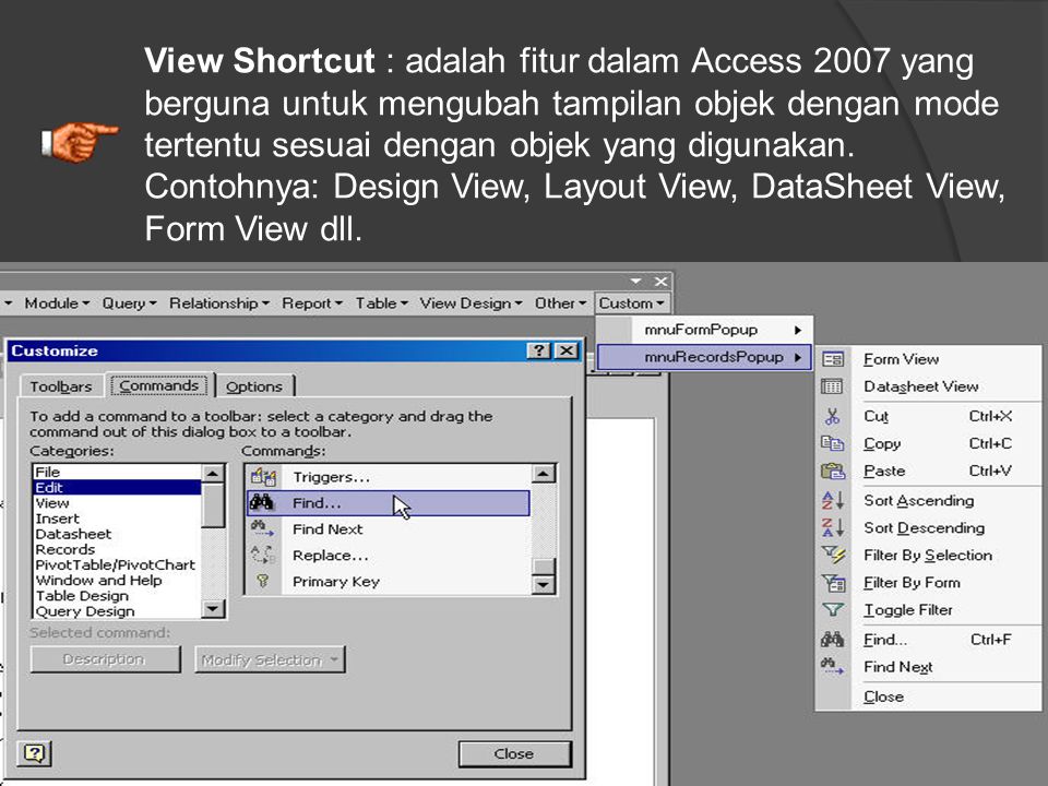 View Shortcut : adalah fitur dalam Access 2007 yang berguna untuk mengubah tampilan objek dengan mode tertentu sesuai dengan objek yang digunakan.