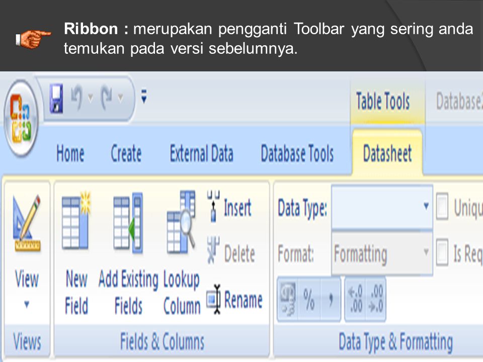 Ribbon : merupakan pengganti Toolbar yang sering anda temukan pada versi sebelumnya.