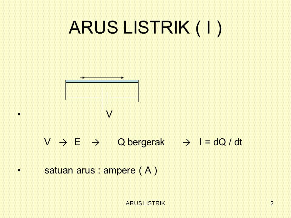 ARUS LISTRIK ( I ) V V → E → Q bergerak → I = dQ / dt