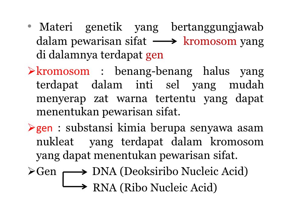 Materi genetik yang bertanggungjawab dalam pewarisan sifat kromosom yang di dalamnya terdapat gen