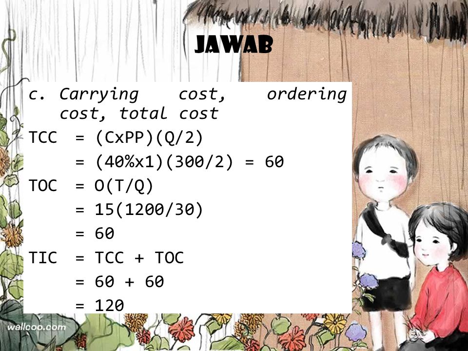 Jawab Carrying cost, ordering cost, total cost TCC = (CxPP)(Q/2)