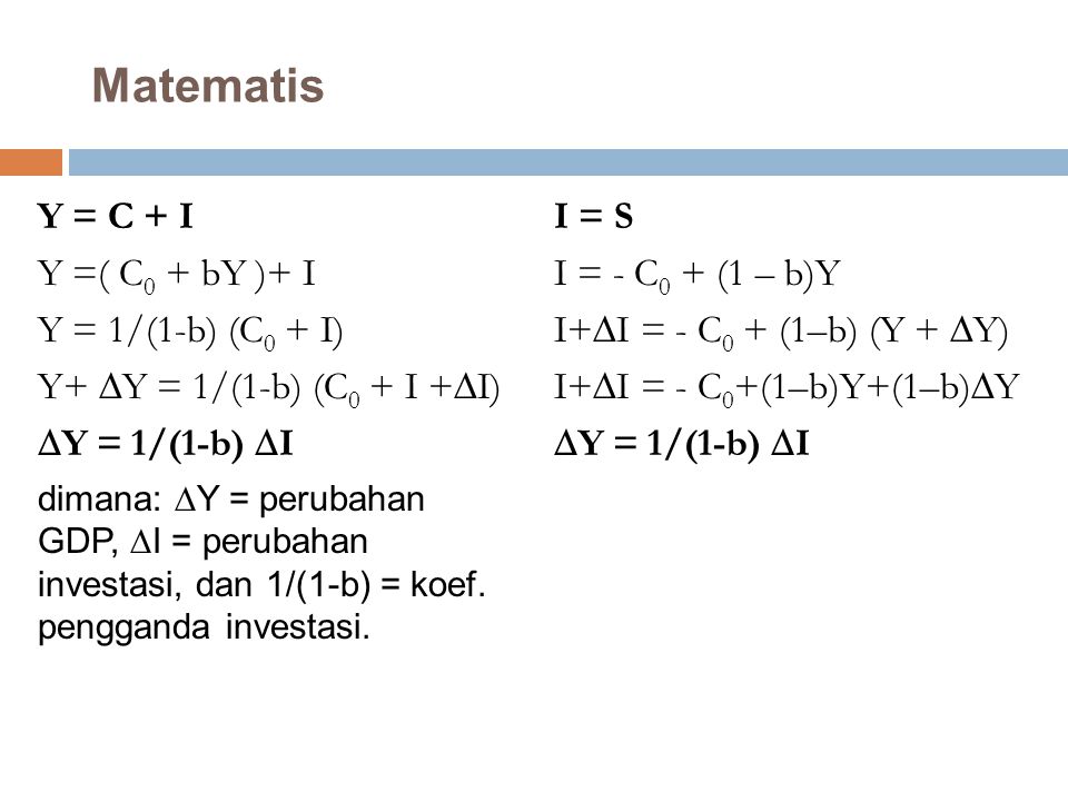 Matematis Y = C + I Y =( C0 + bY )+ I Y = 1/(1-b) (C0 + I)