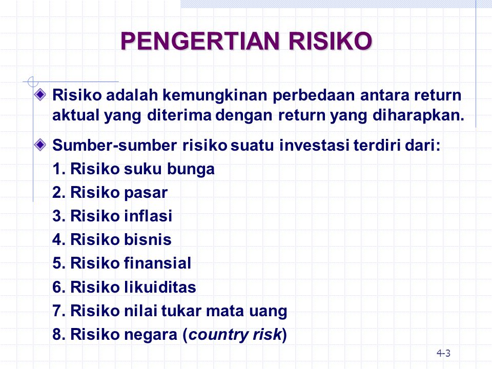 PENGERTIAN RISIKO Risiko adalah kemungkinan perbedaan antara return aktual yang diterima dengan return yang diharapkan.