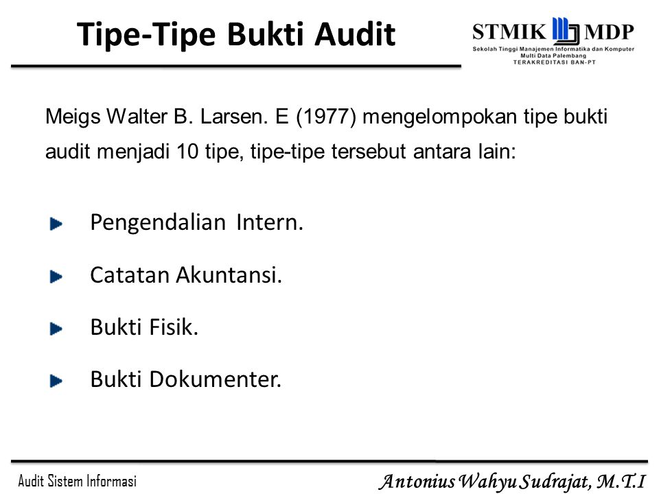 Tipe-Tipe Bukti Audit Pengendalian Intern. Catatan Akuntansi.