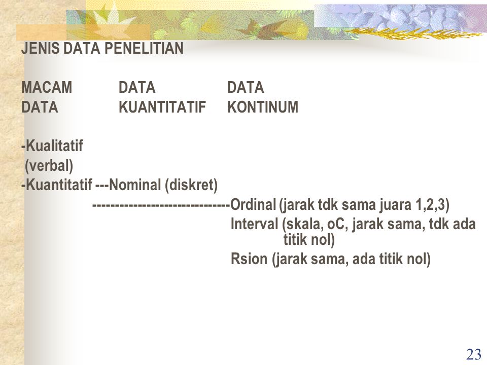 JENIS DATA PENELITIAN MACAM DATA DATA. DATA KUANTITATIF KONTINUM. -Kualitatif. (verbal) -Kuantitatif ---Nominal (diskret)