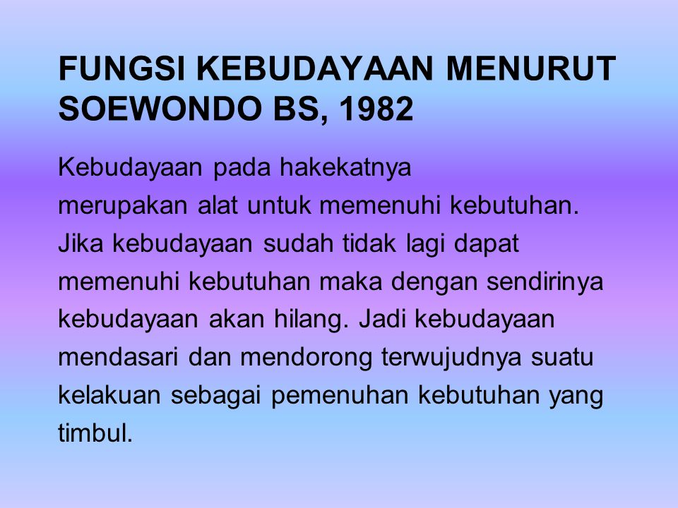 FUNGSI KEBUDAYAAN MENURUT SOEWONDO BS, 1982