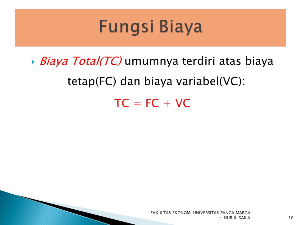 Fungsi Biaya Biaya Total(TC) umumnya terdiri atas biaya tetap(FC) dan biaya variabel(VC): TC = FC + VC.