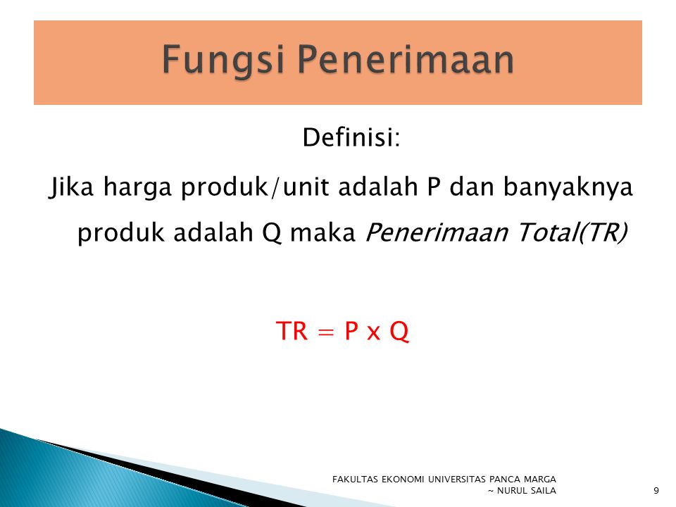Fungsi Penerimaan Definisi: Jika harga produk/unit adalah P dan banyaknya produk adalah Q maka Penerimaan Total(TR) TR = P x Q