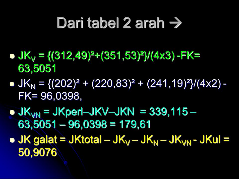 Dari tabel 2 arah  JKV = {(312,49)²+(351,53)²}/(4x3) -FK= 63,5051