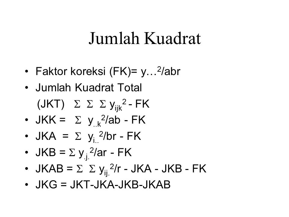 Jumlah Kuadrat Faktor koreksi (FK)= y…2/abr Jumlah Kuadrat Total