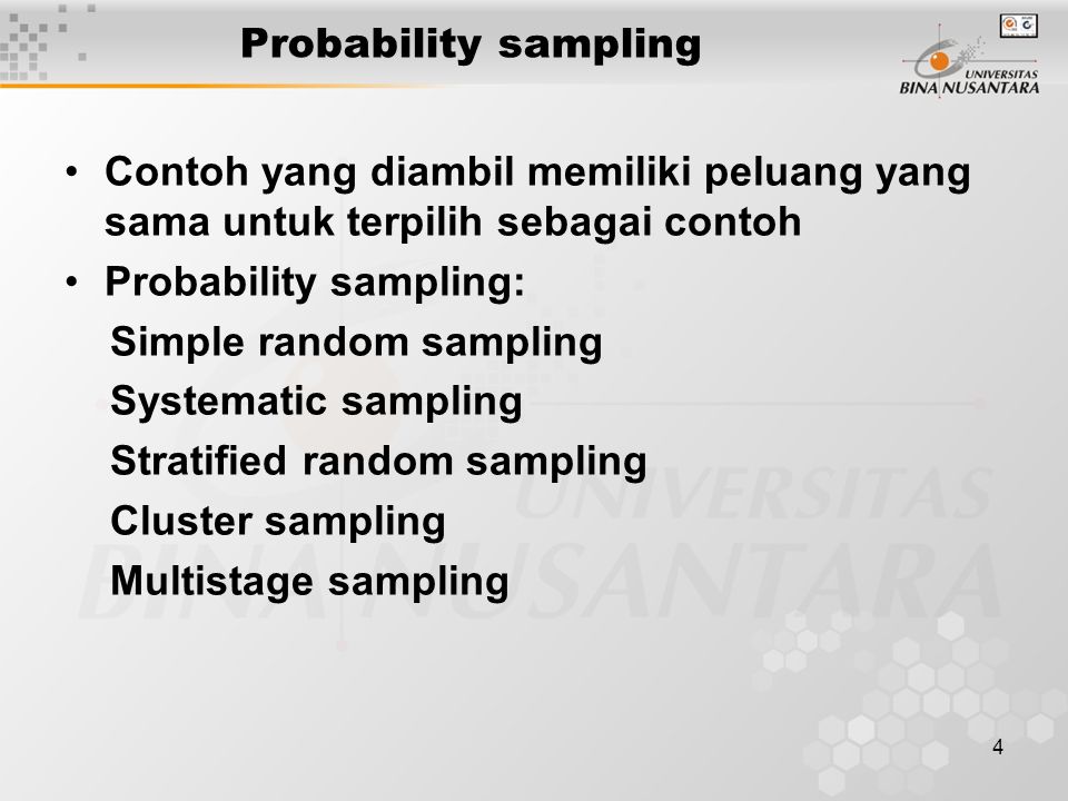 Probability sampling Contoh yang diambil memiliki peluang yang sama untuk terpilih sebagai contoh. Probability sampling: