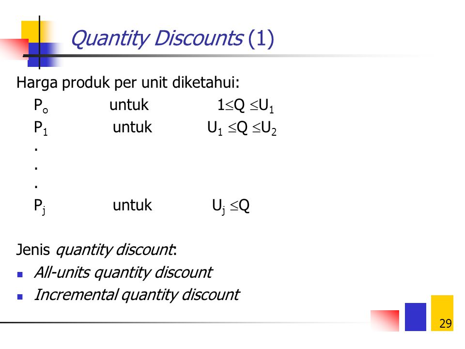 Quantity Discounts (1) Harga produk per unit diketahui: