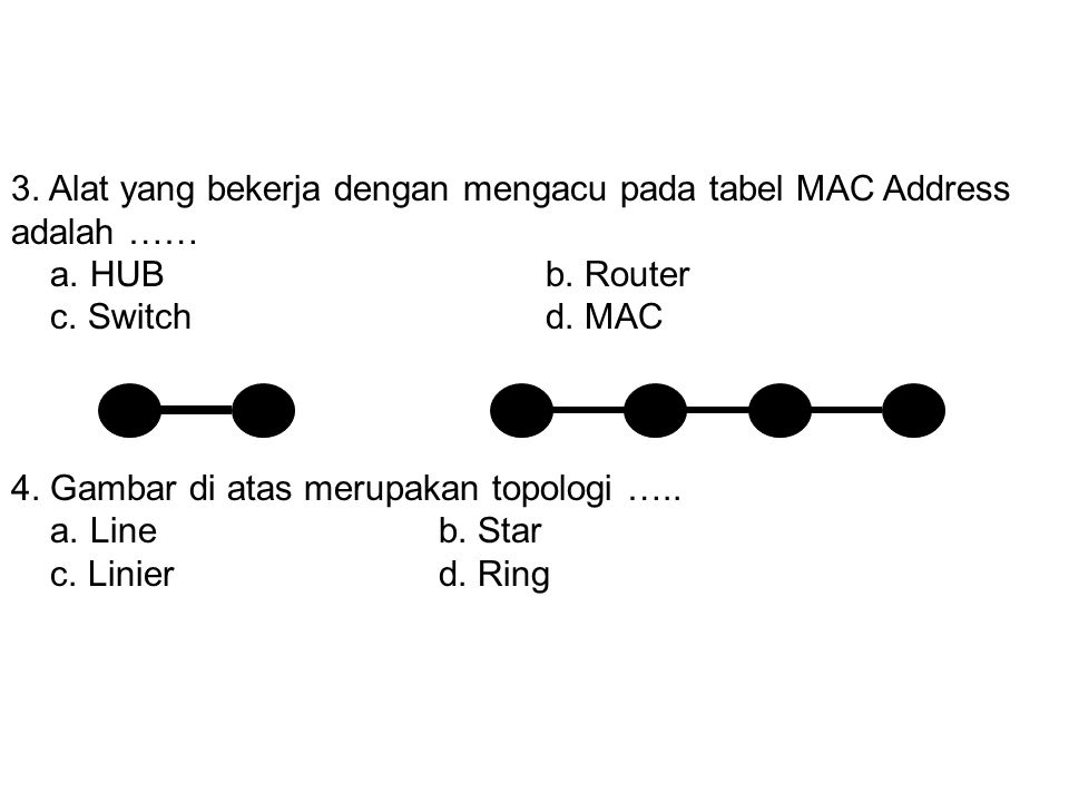 3. Alat yang bekerja dengan mengacu pada tabel MAC Address adalah ……