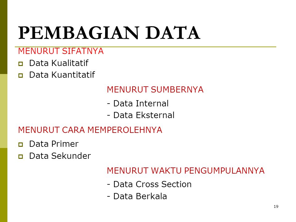 PEMBAGIAN DATA MENURUT SIFATNYA Data Kualitatif Data Kuantitatif