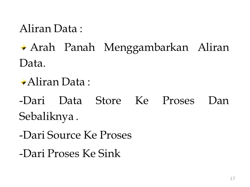 Aliran Data : Arah Panah Menggambarkan Aliran Data. Dari Data Store Ke Proses Dan Sebaliknya . Dari Source Ke Proses.