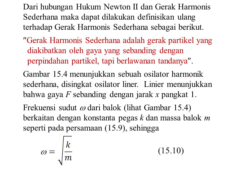 Dari hubungan Hukum Newton II dan Gerak Harmonis Sederhana maka dapat dilakukan definisikan ulang terhadap Gerak Harmonis Sederhana sebagai berikut.