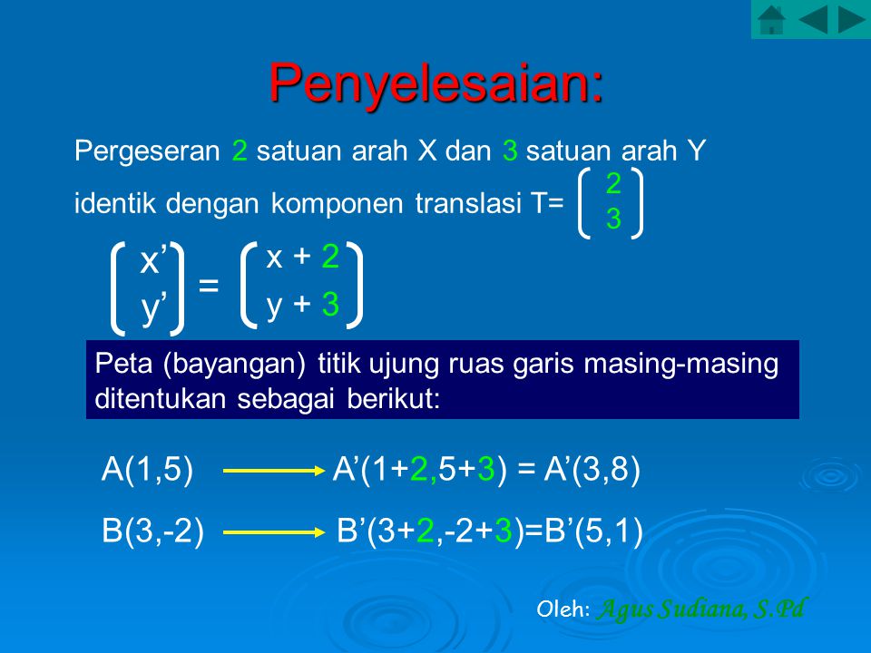 Penyelesaian: x’ = y’ x + 2 y + 3 A(1,5) A’(1+2,5+3) = A’(3,8)