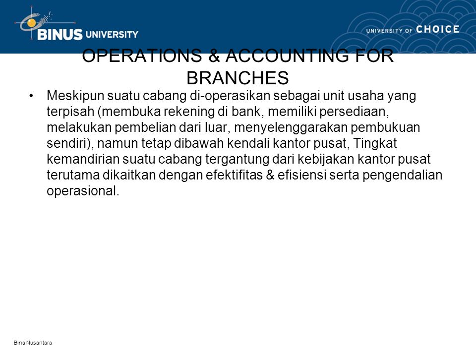 OPERATIONS & ACCOUNTING FOR BRANCHES