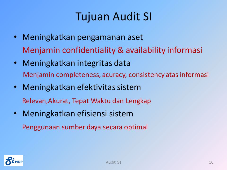 Tujuan Audit SI Meningkatkan pengamanan aset