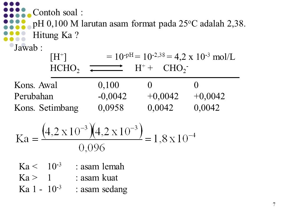 pH 0,100 M larutan asam format pada 25oC adalah 2,38. Hitung Ka