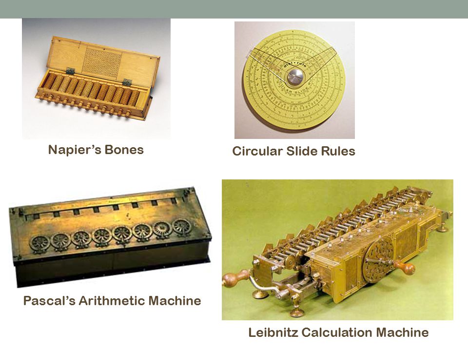 Napier’s Bones Circular Slide Rules Pascal’s Arithmetic Machine Leibnitz Calculation Machine