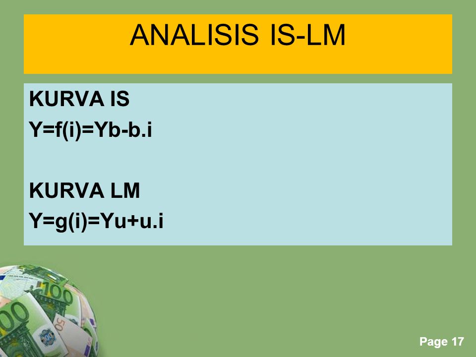ANALISIS IS-LM KURVA IS Y=f(i)=Yb-b.i KURVA LM Y=g(i)=Yu+u.i