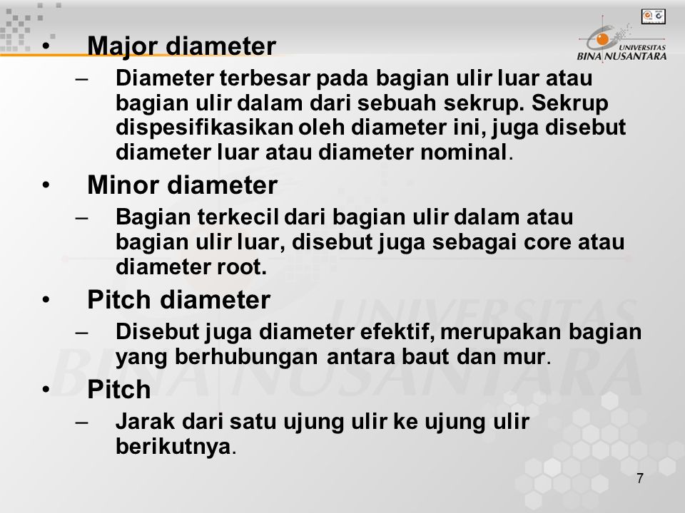 Major diameter Minor diameter Pitch diameter Pitch