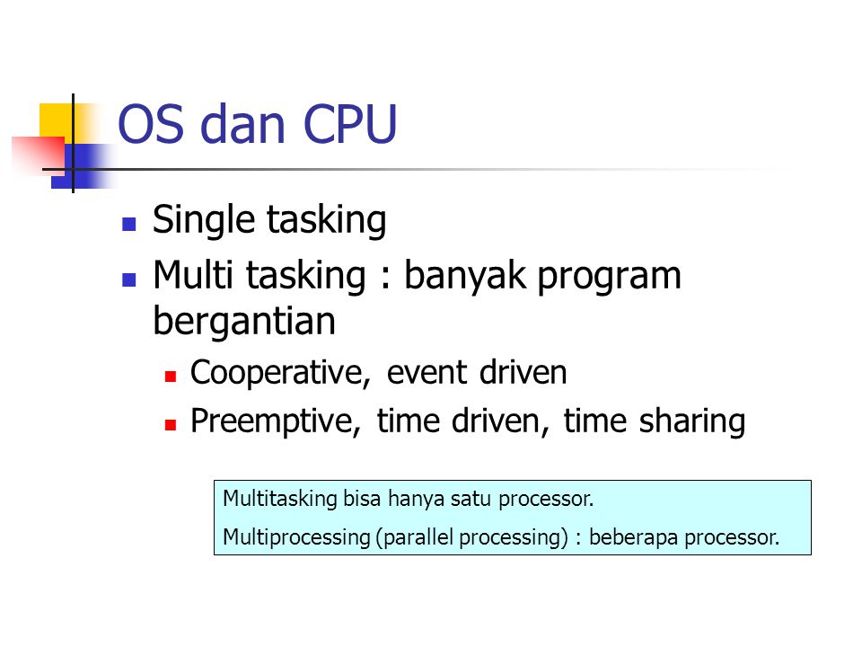 OS dan CPU Single tasking Multi tasking : banyak program bergantian