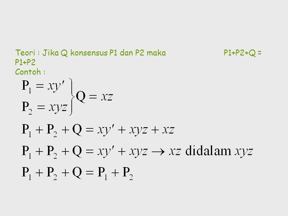 Teori : Jika Q konsensus P1 dan P2 maka P1+P2+Q = P1+P2 Contoh :